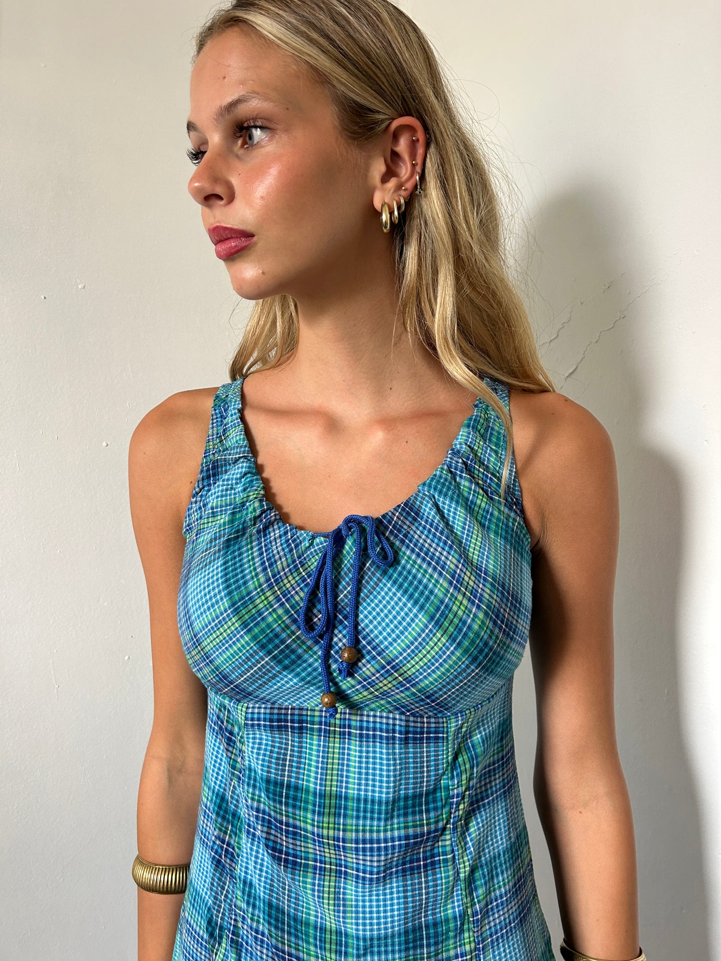 Blue Gingham Mini Swim Dress - Size Small