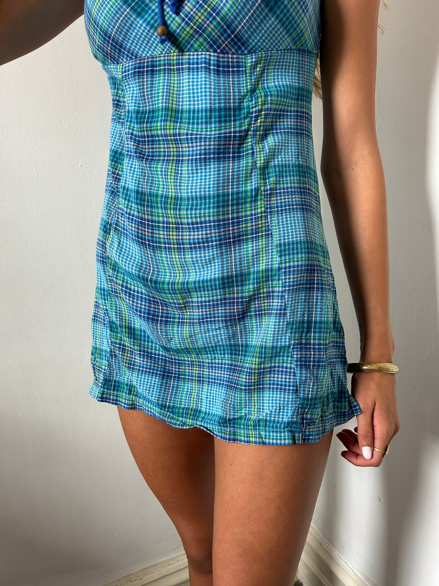 Blue Gingham Mini Swim Dress - Size Small