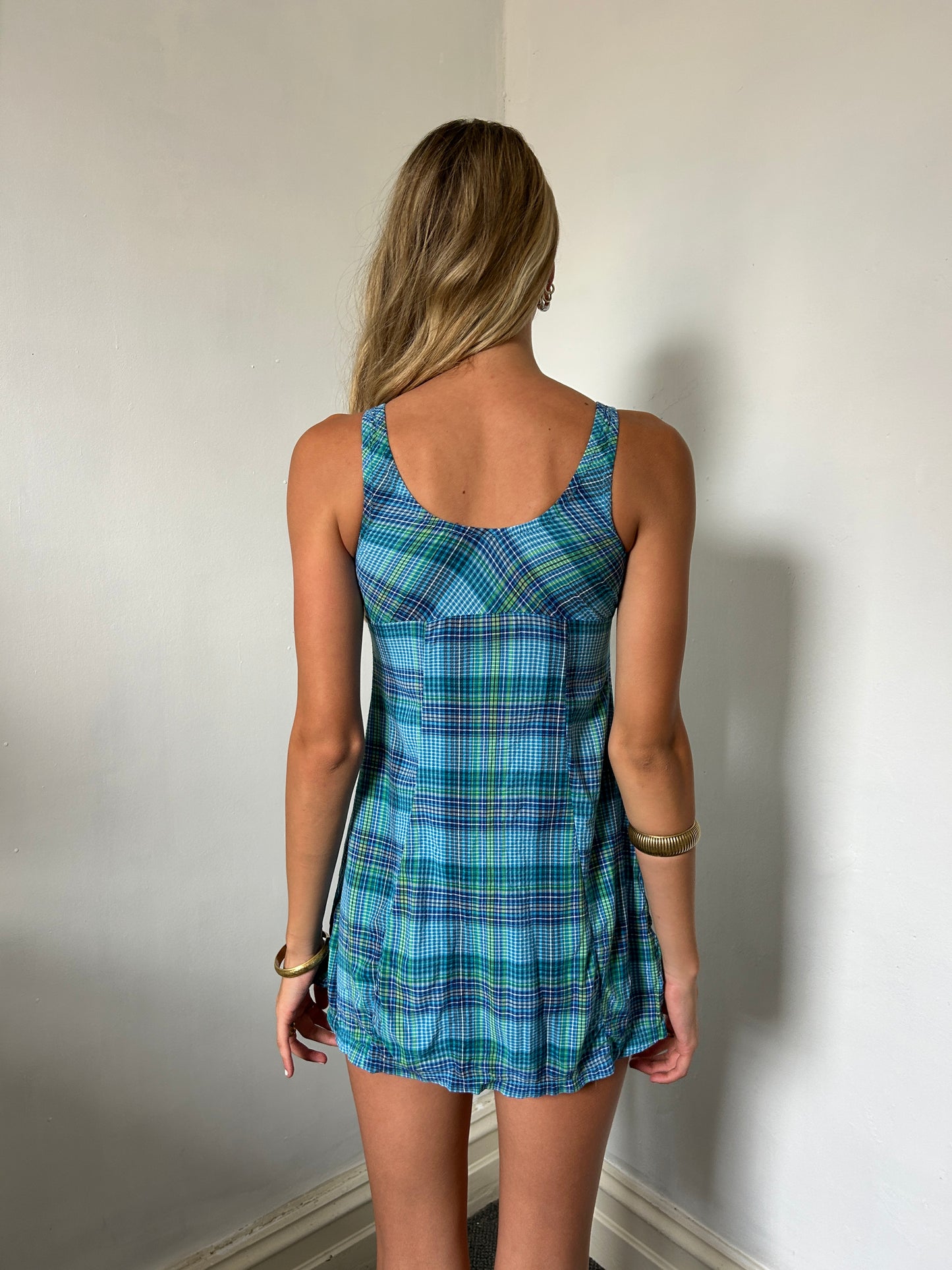 Blue Gingham Mini Swim Dress - Size Small