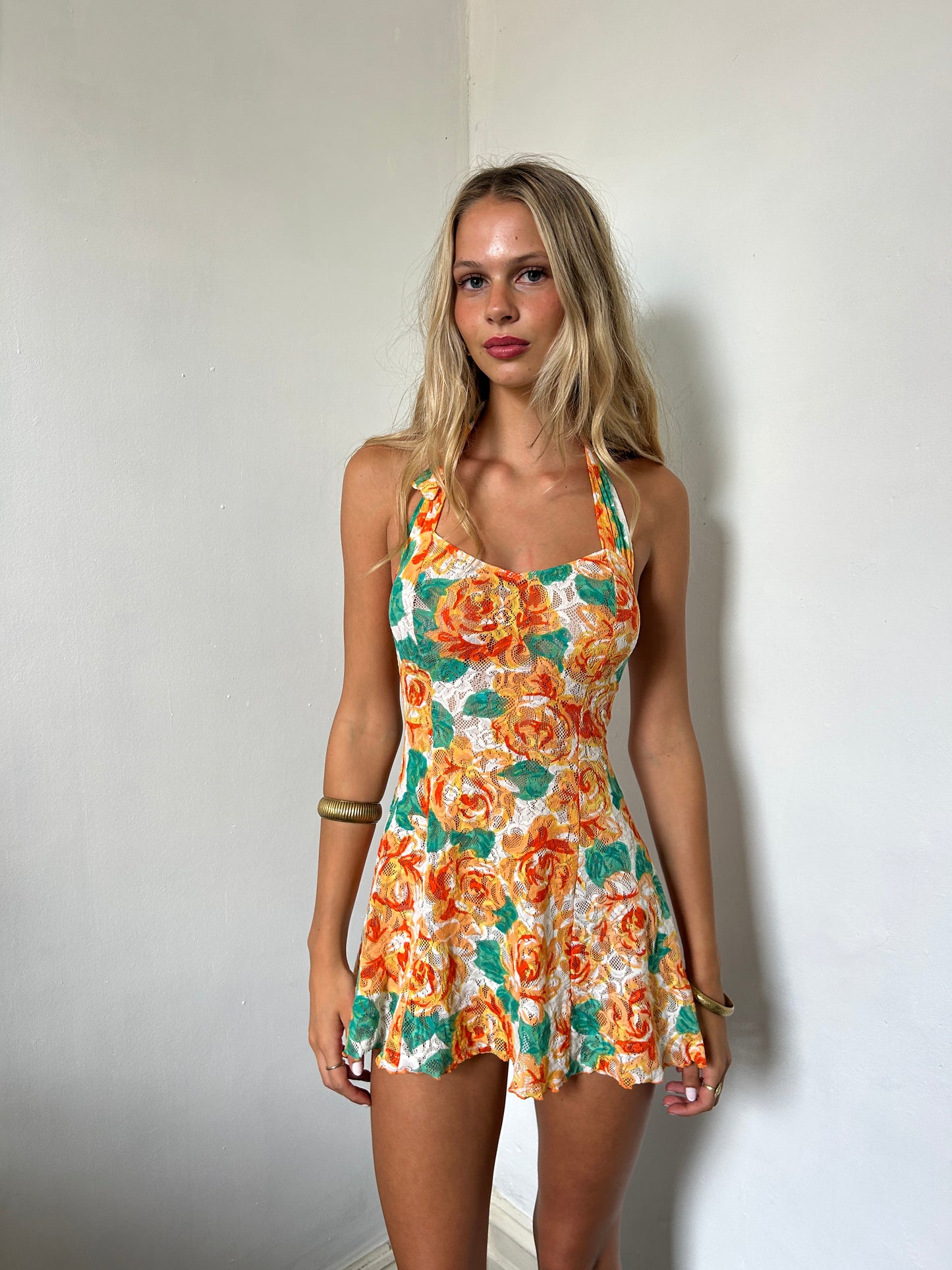 Orange Green White Floral Halter Neck Mini Swim Dress - Size Small