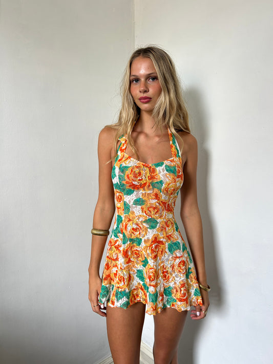 Orange Green White Floral Halter Neck Mini Swim Dress - Size Small
