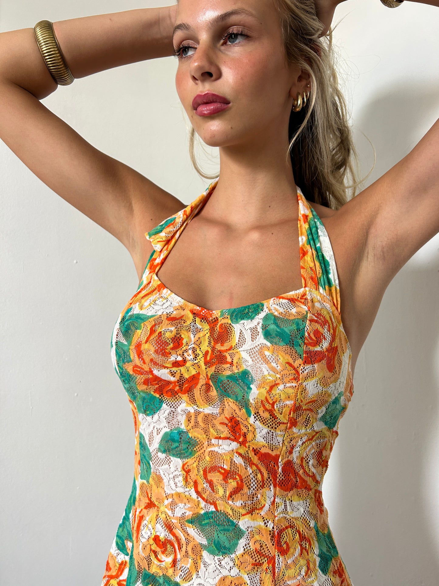 Orange Green White Floral Halter Neck Mini Swim Dress - Size Small