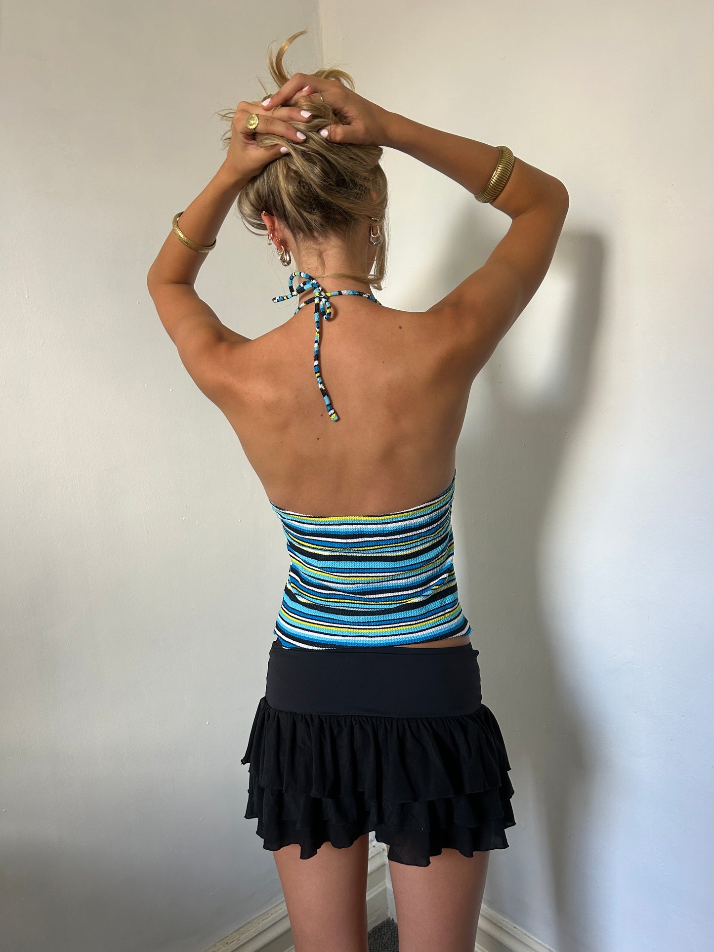 Blue Yellow White Striped Halter Neck Swim Top - Size Small