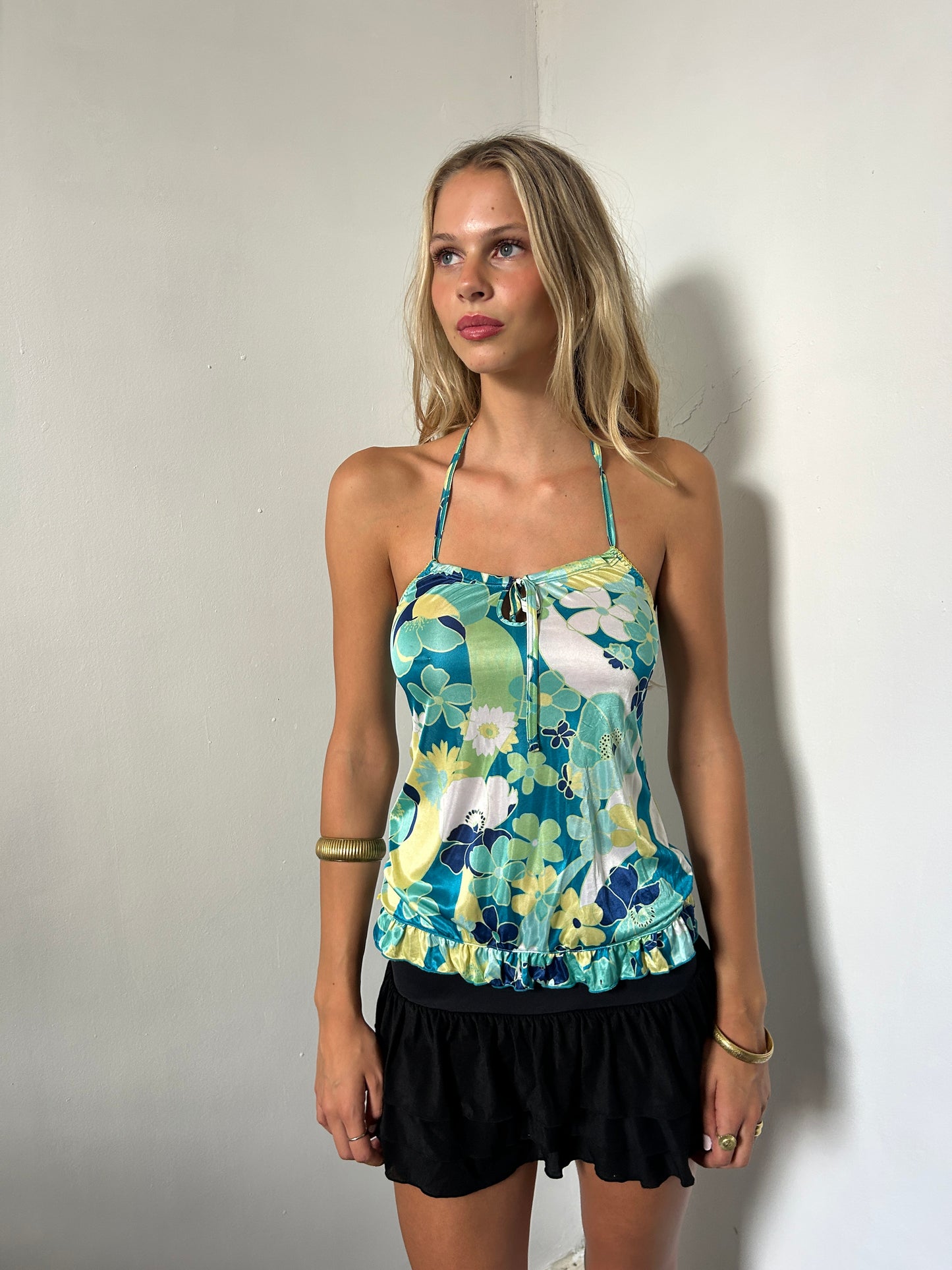 Floral Green White Yellow Halter Neck Top - Size Small