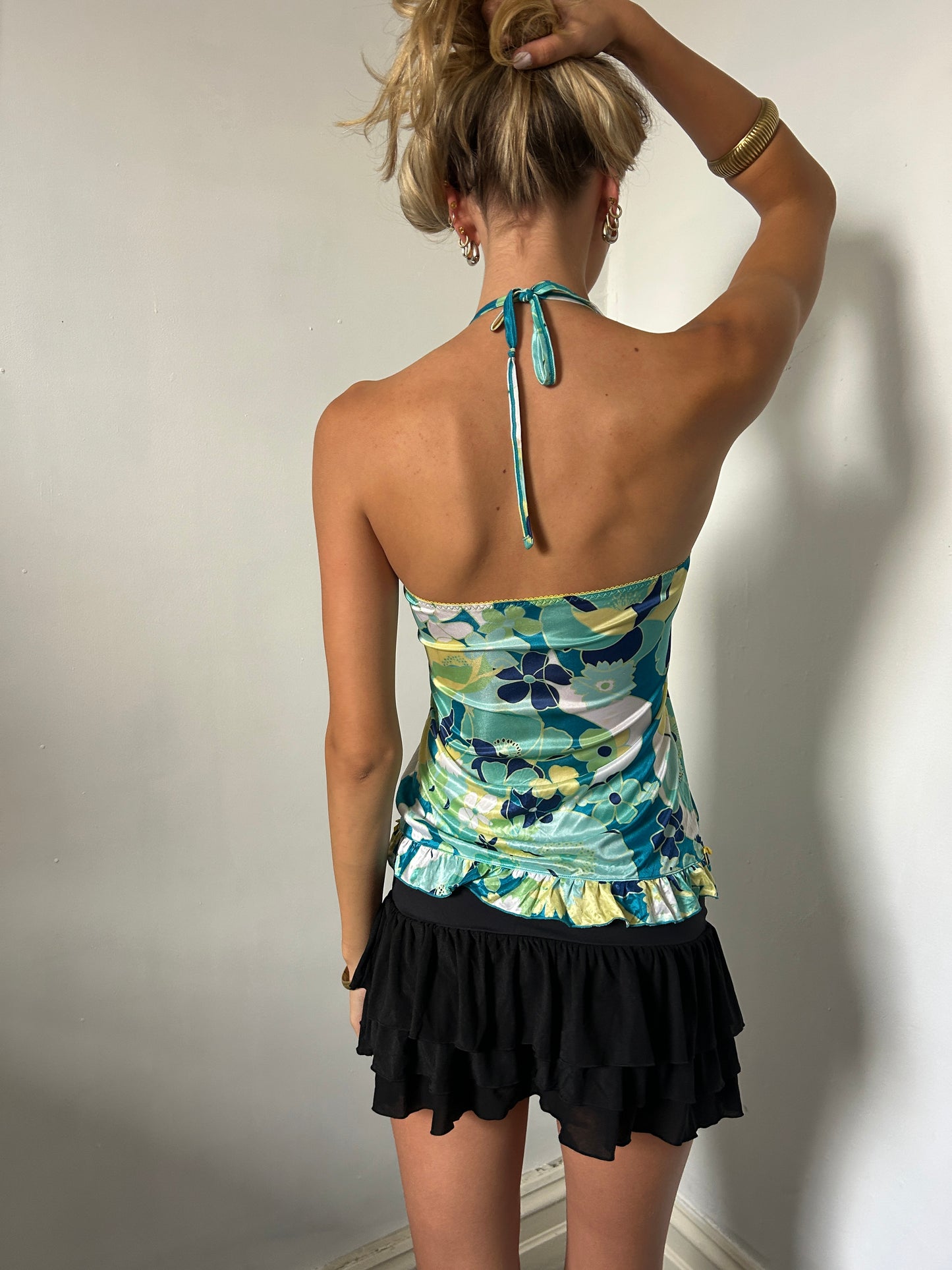 Floral Green White Yellow Halter Neck Top - Size Small