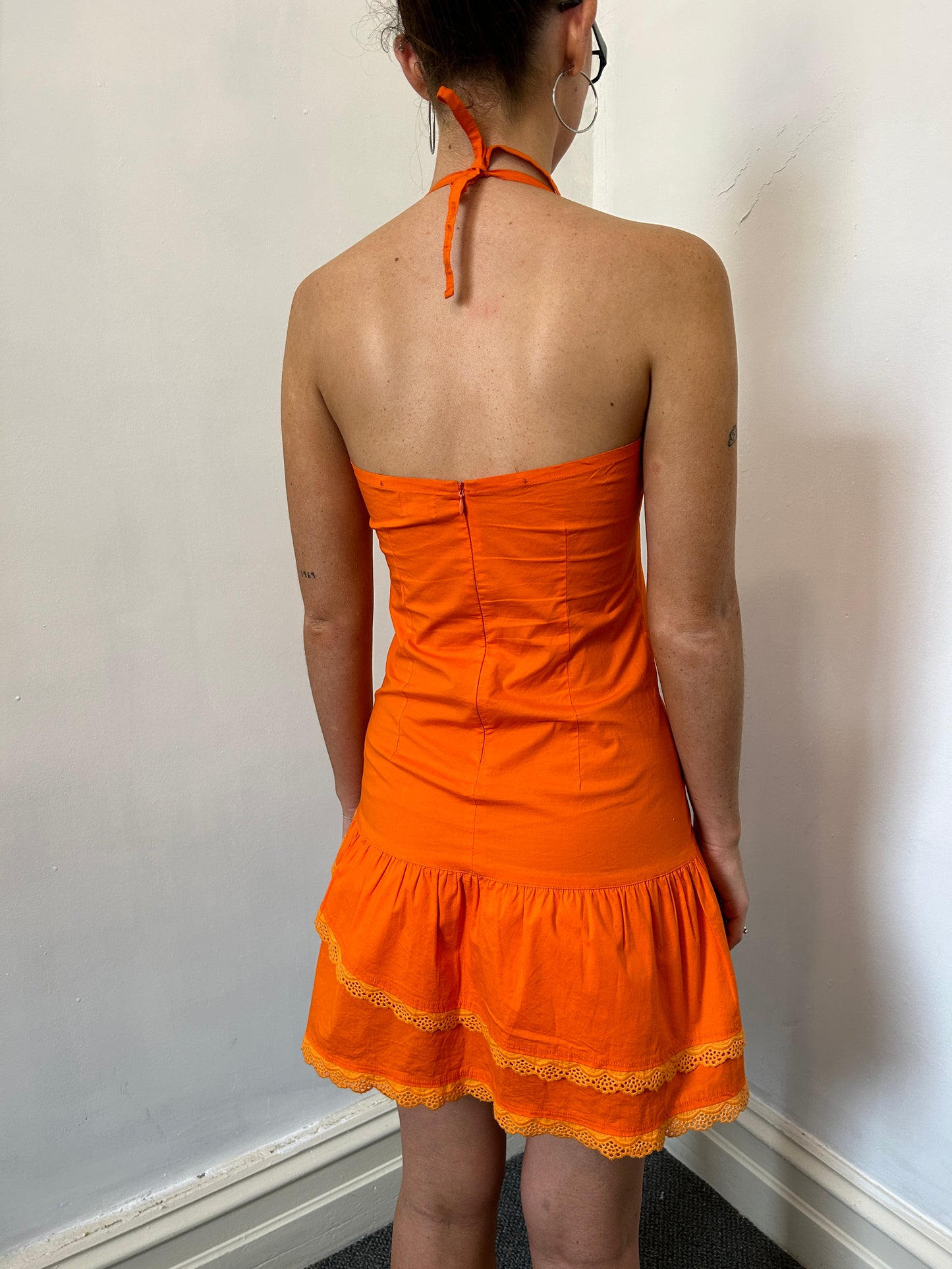 Orange Halter Neck Mini Dress - Size Small