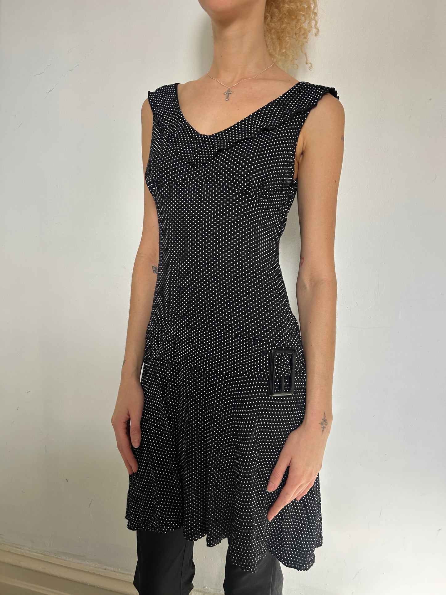Black White Polka Dot Off Shoulder Dress - Size 10