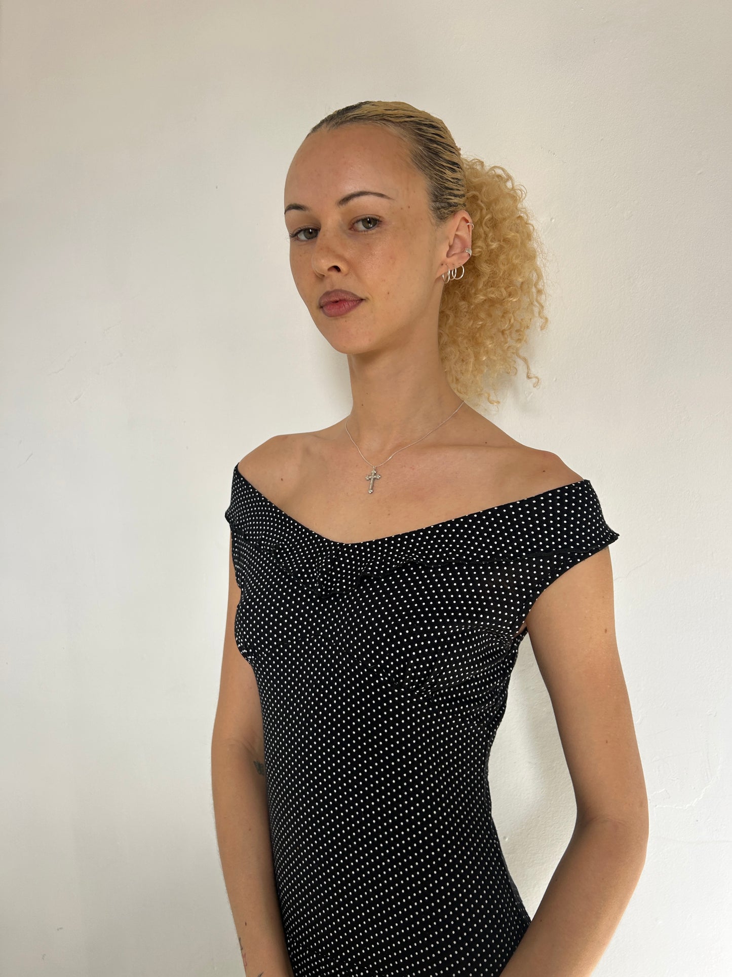 Black White Polka Dot Off Shoulder Dress - Size 10