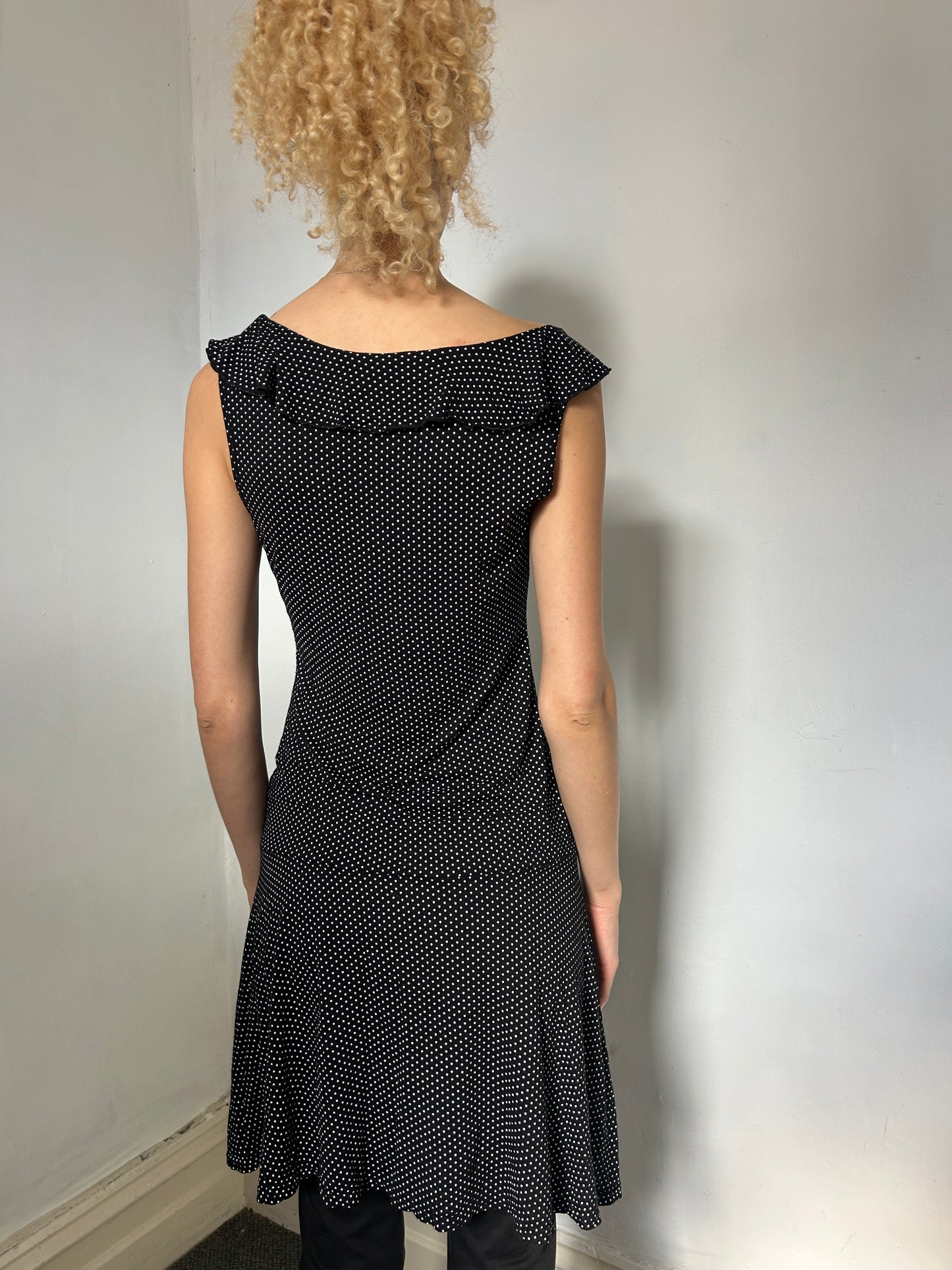 Black White Polka Dot Off Shoulder Dress - Size 10