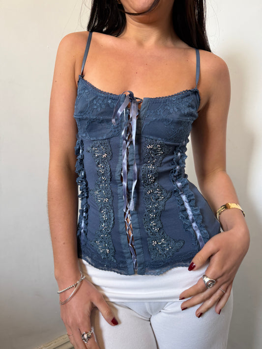 Blue Lace Corset Style Top - Size Small