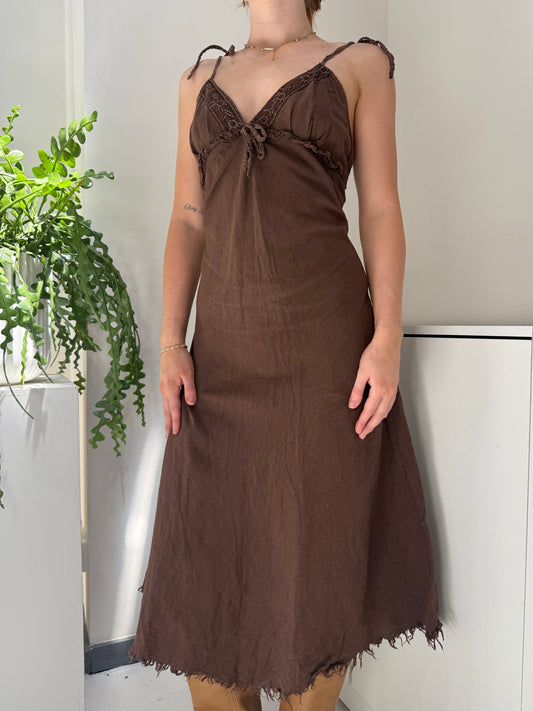 Brown Linen Maxi Dress - Size Small