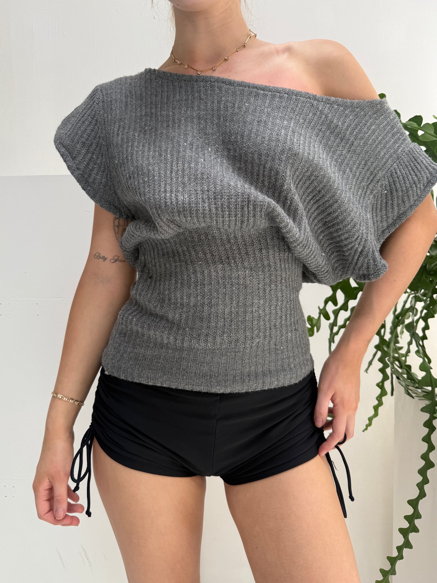 Grey Slouchy Off Shoulder Top - Size Small