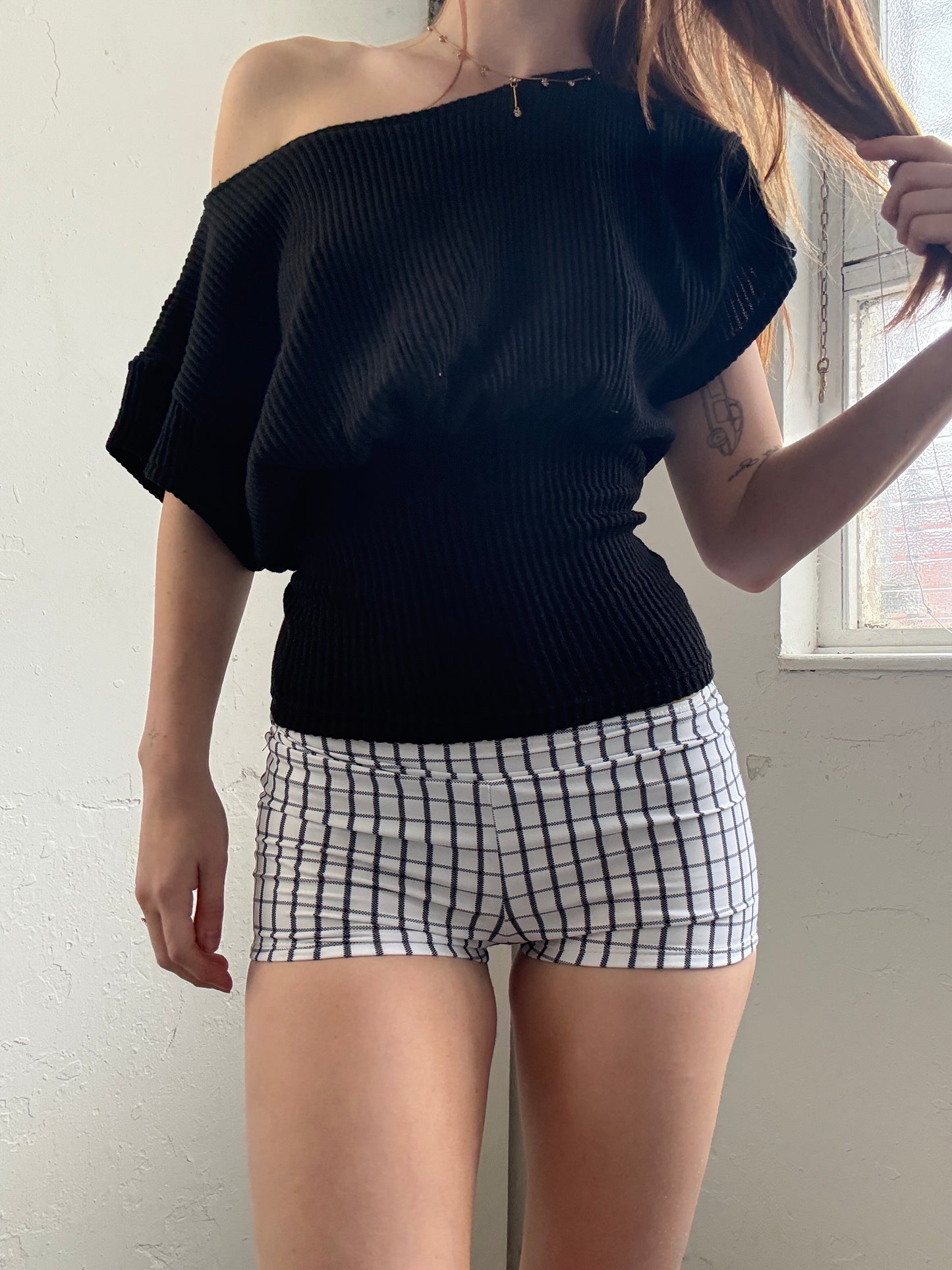 White Black Checkered Mini Swim Shorts - Size Extra-Small/Small