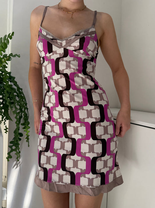 Purple White Pink Black Patterned Cami Dress - Size 10