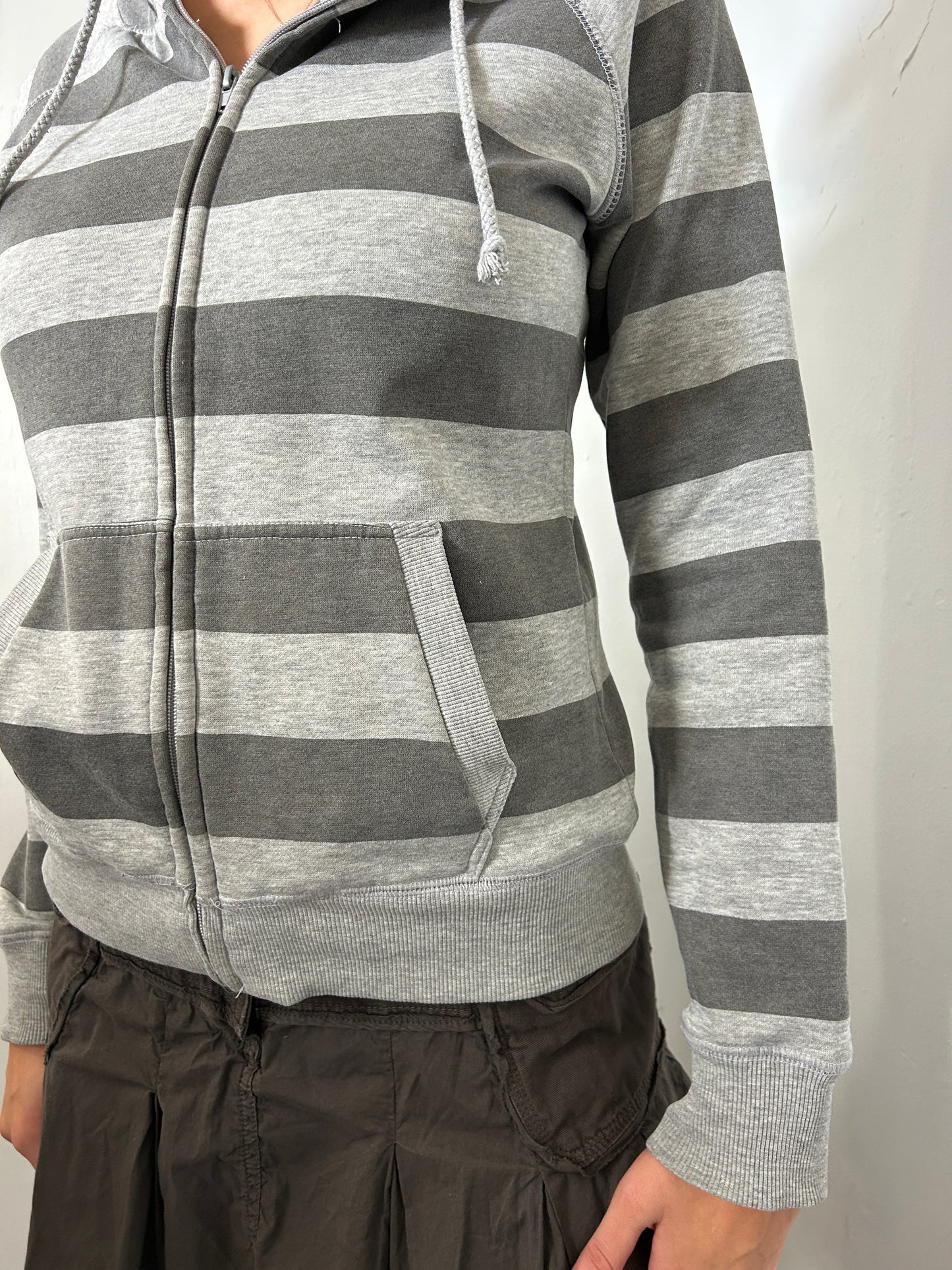 Grey Striped Zip Up Hoodie - Size Small
