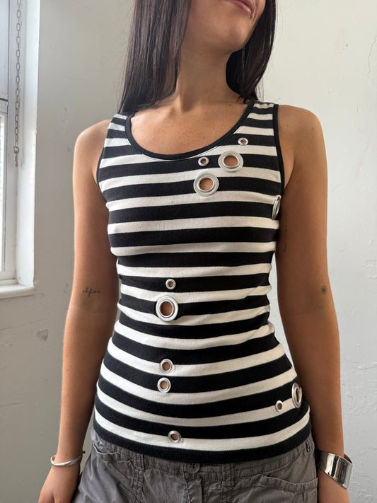 Black White Striped Grommet Top - Size Medium