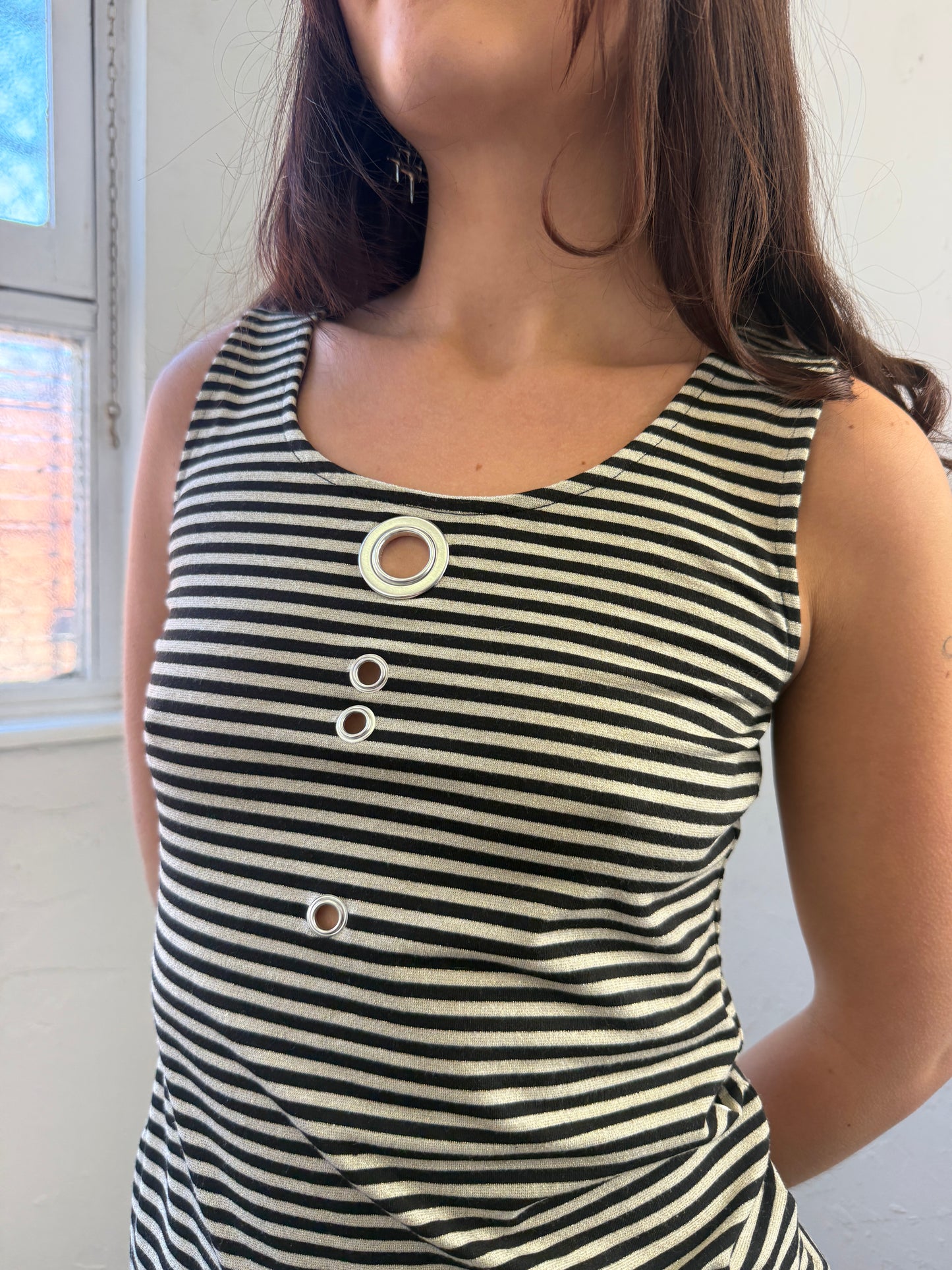 Gold Black Striper Grommet Top - Size Medium