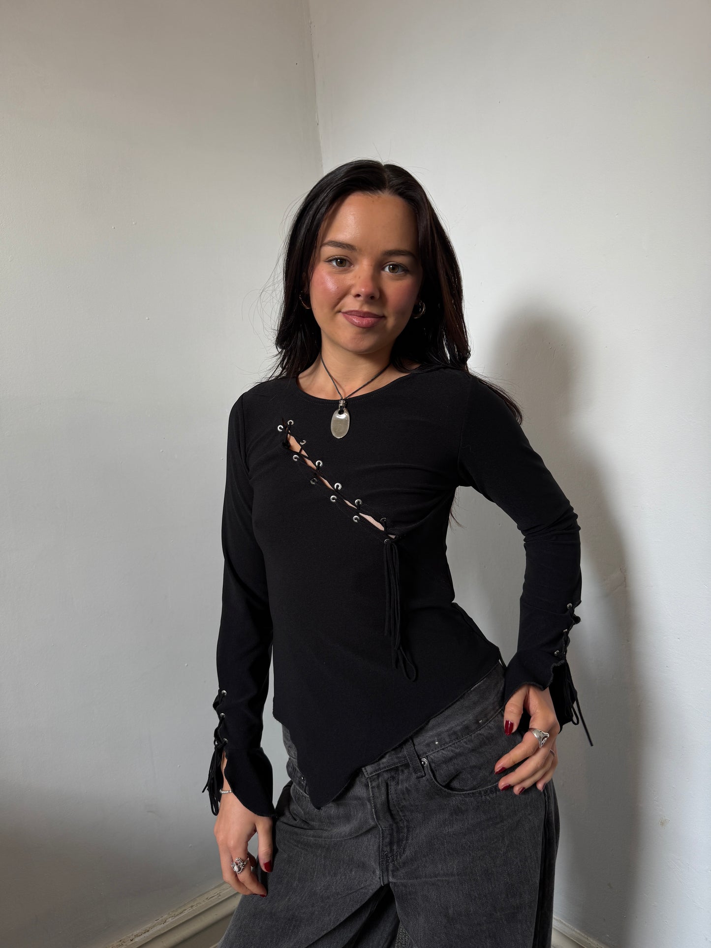 Black Asymmetrical Bell Sleeve Unique Long Sleeve Top - Size 8/10