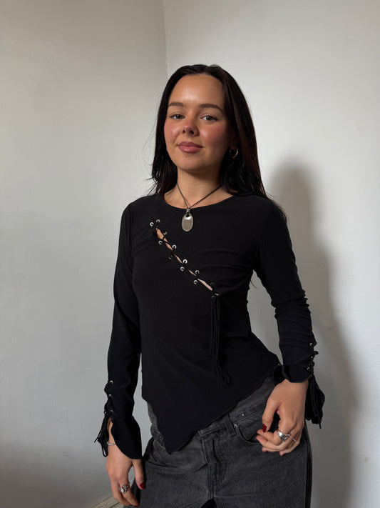 Black Asymmetrical Bell Sleeve Unique Long Sleeve Top - Size 8/10