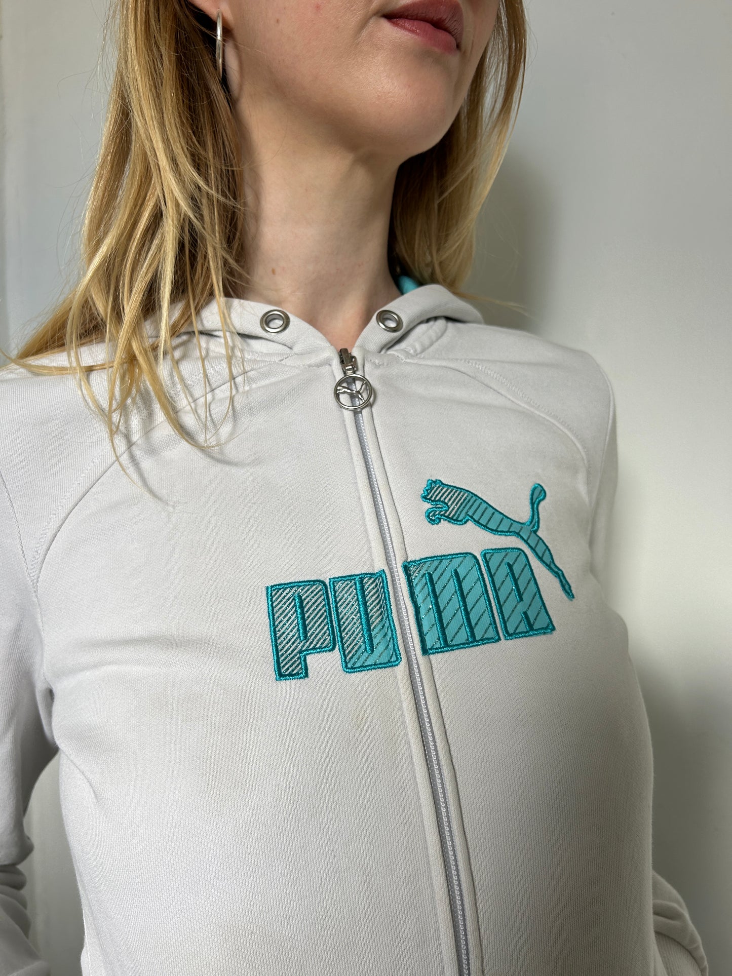 White Blue Puma Zip Up Hoodie - Size Medium