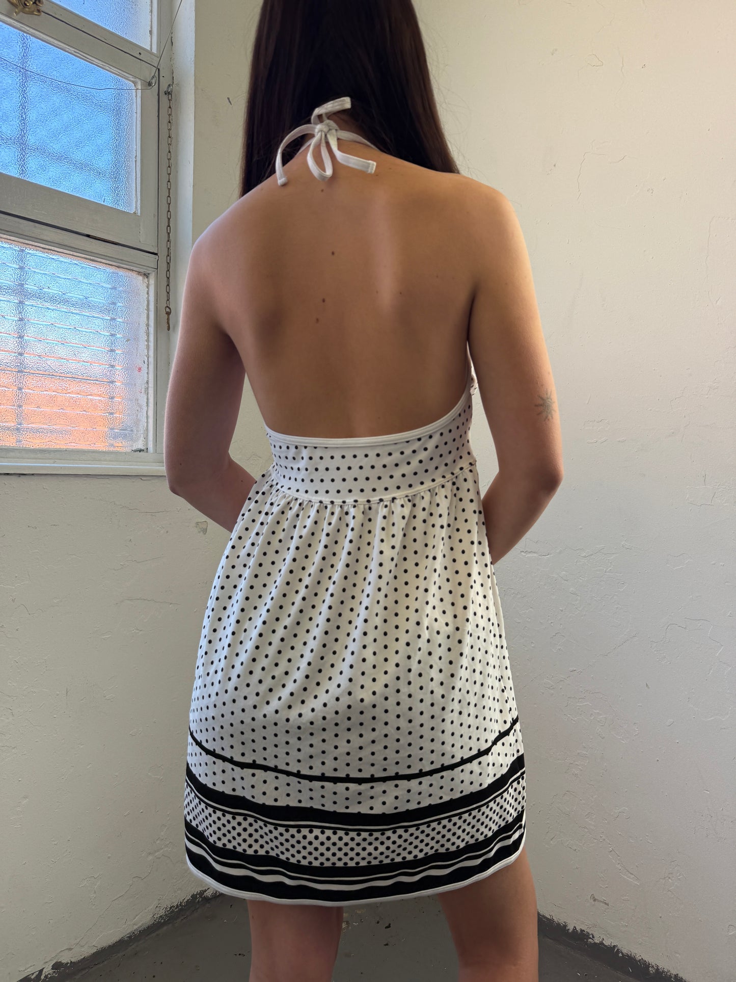 Black White Polka Dot Halter Neck Swim Dress - Size Small/Medium