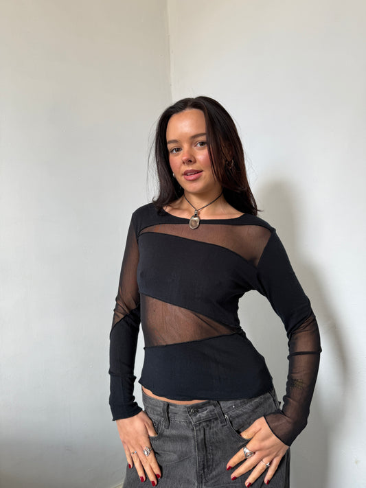 Black Long Sleeve Mesh Top - Size Small