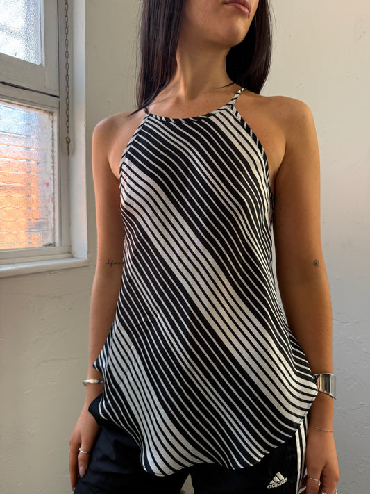 Black White Striped Halter Neck Top - Size Small