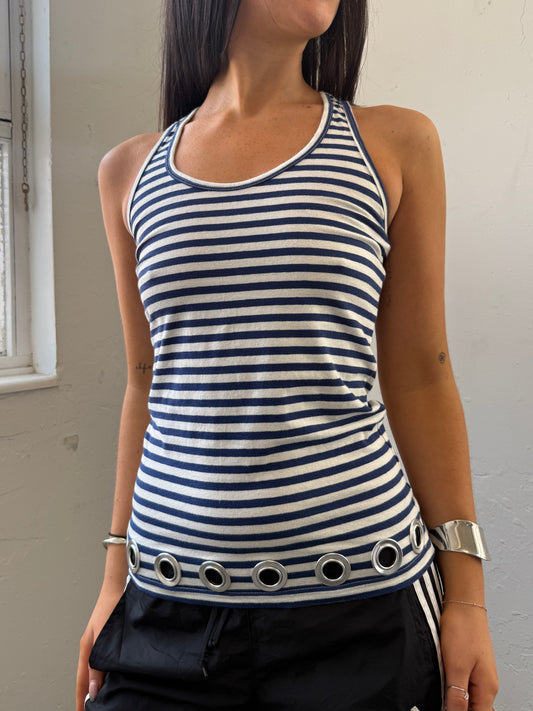 Blue White Striped Grommet Top - Size Small/Medium