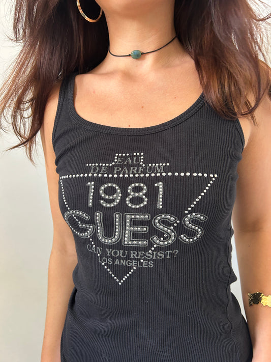 Black Guess Ribbed Tank Top - Size Small