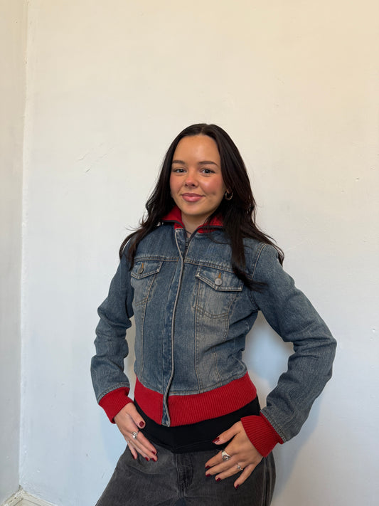 Denim Red Zip Up Jacket - Size Small