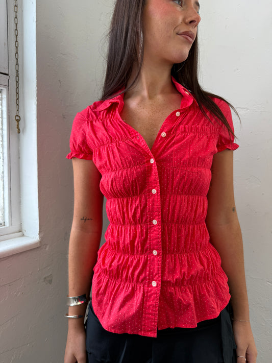 Raspberry and White Reworked Polka Dot Smock Shirt - Size Small