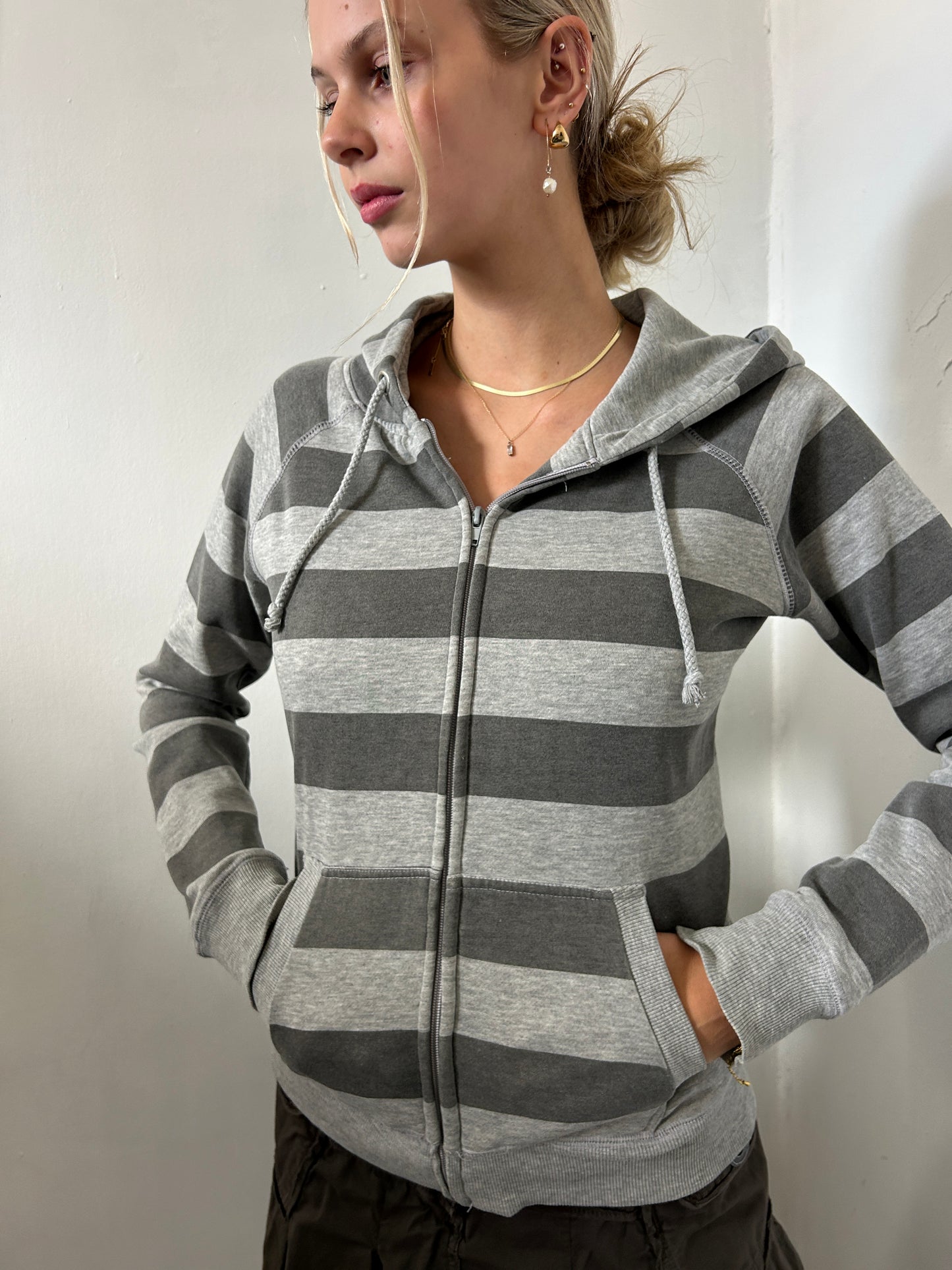 Grey Striped Zip Up Hoodie - Size Small
