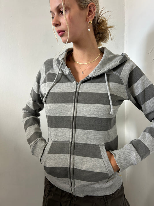 Grey Striped Zip Up Hoodie - Size Small