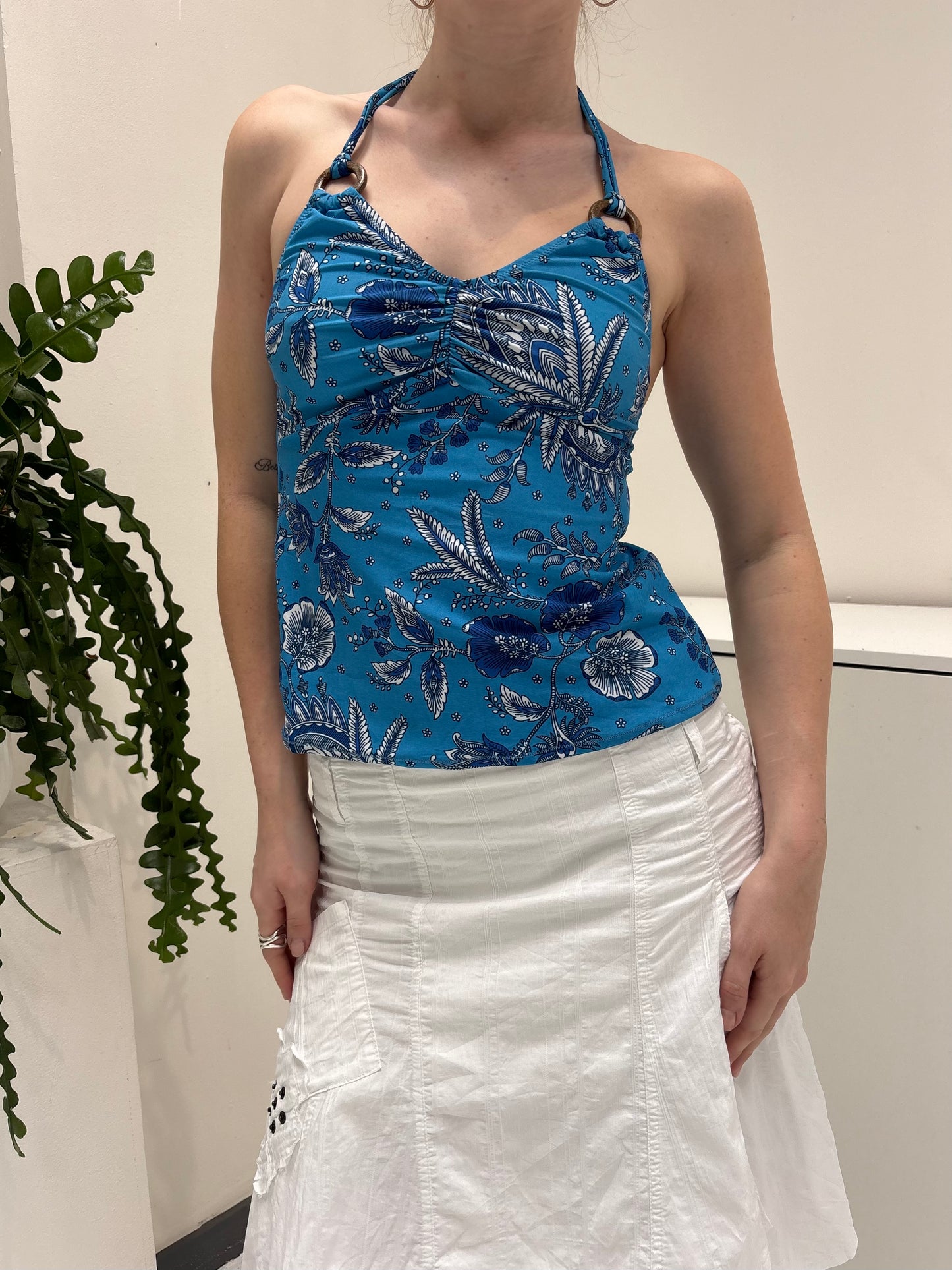 Blue Patterned Halter Neck Top - Size Small