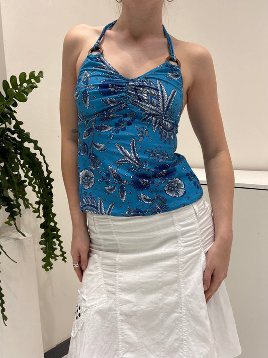 Blue Patterned Halter Neck Top - Size Small