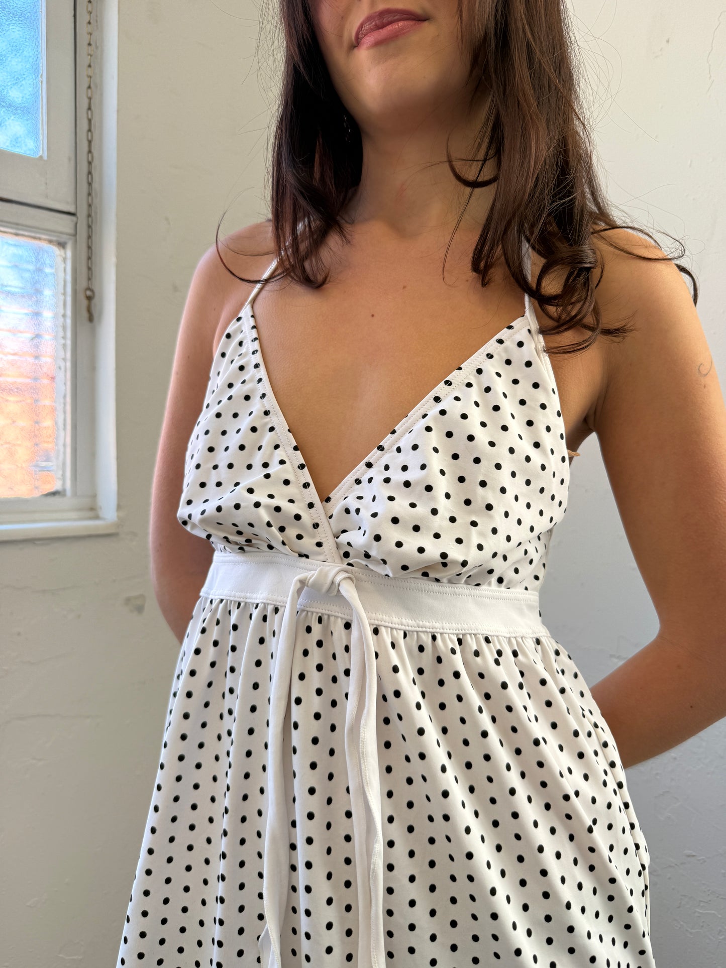 Black White Polka Dot Halter Neck Swim Dress - Size Small/Medium