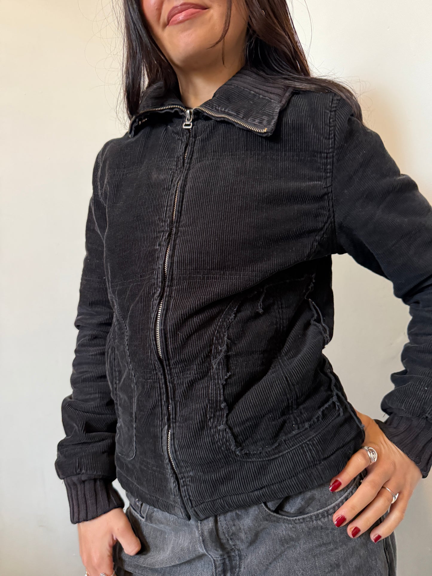 Black Ribbed Fitted Zip Up Jacket - Size Small