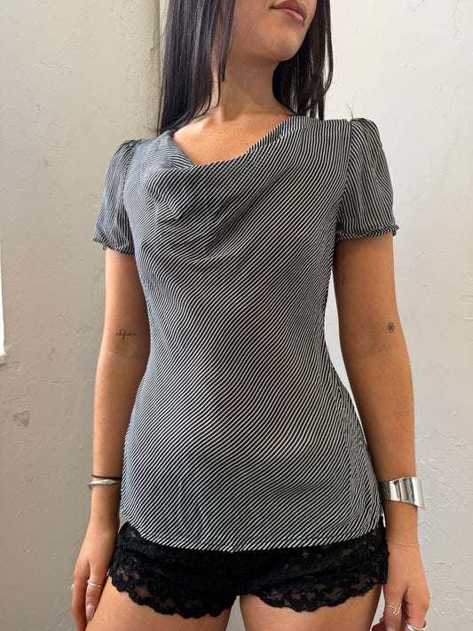 Black Grey Striped Cowl Neck Top - Size 10