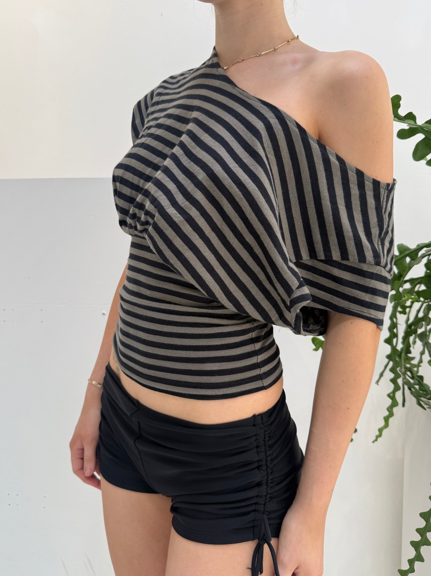 Green Black Striped Off Shoulder Slouchy Top - Size Extra-Small