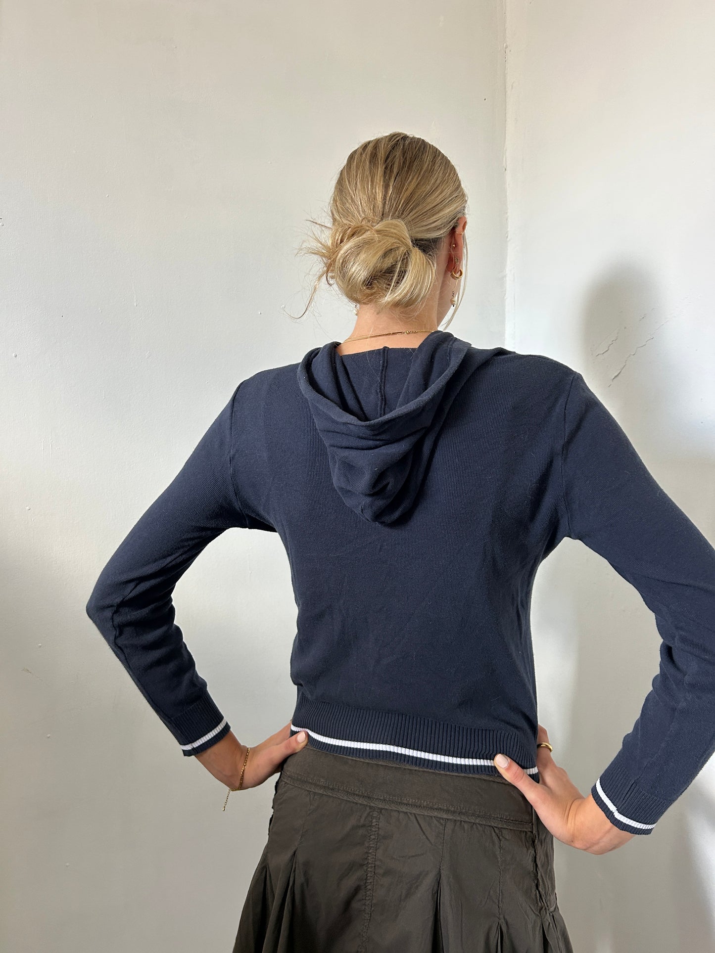 Navy Blue White Zip Up Hoodie - Size Small