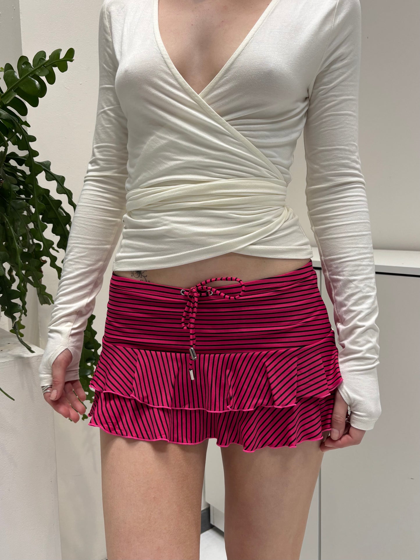 Pink Black Striped Mini Swim Skirt - Size Extra-Small/Small