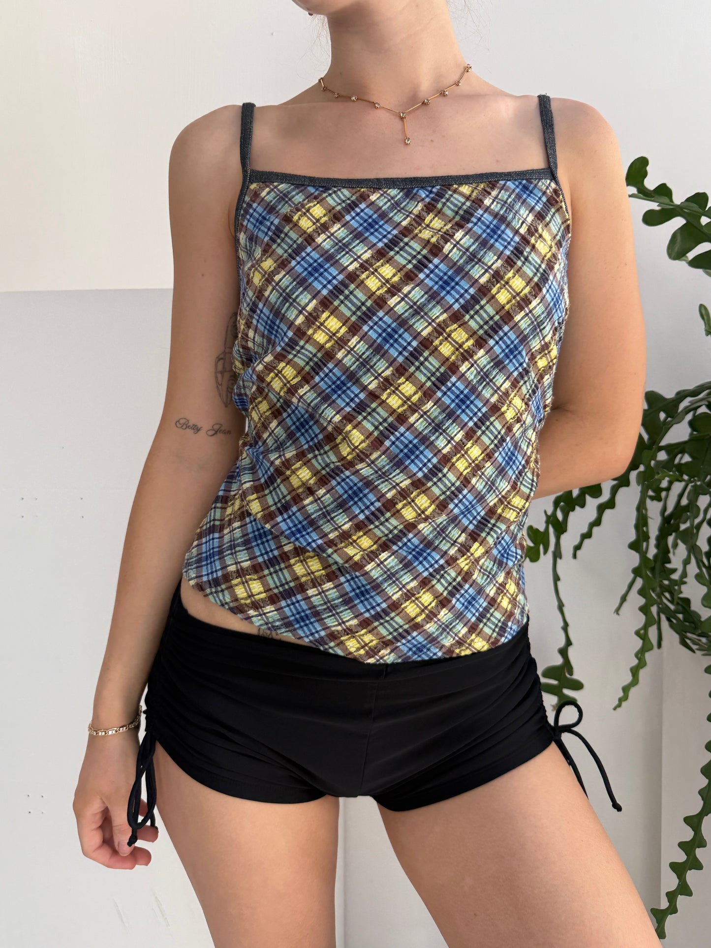 Gingham Blue Brown Yellow Swim Top - Size Medium