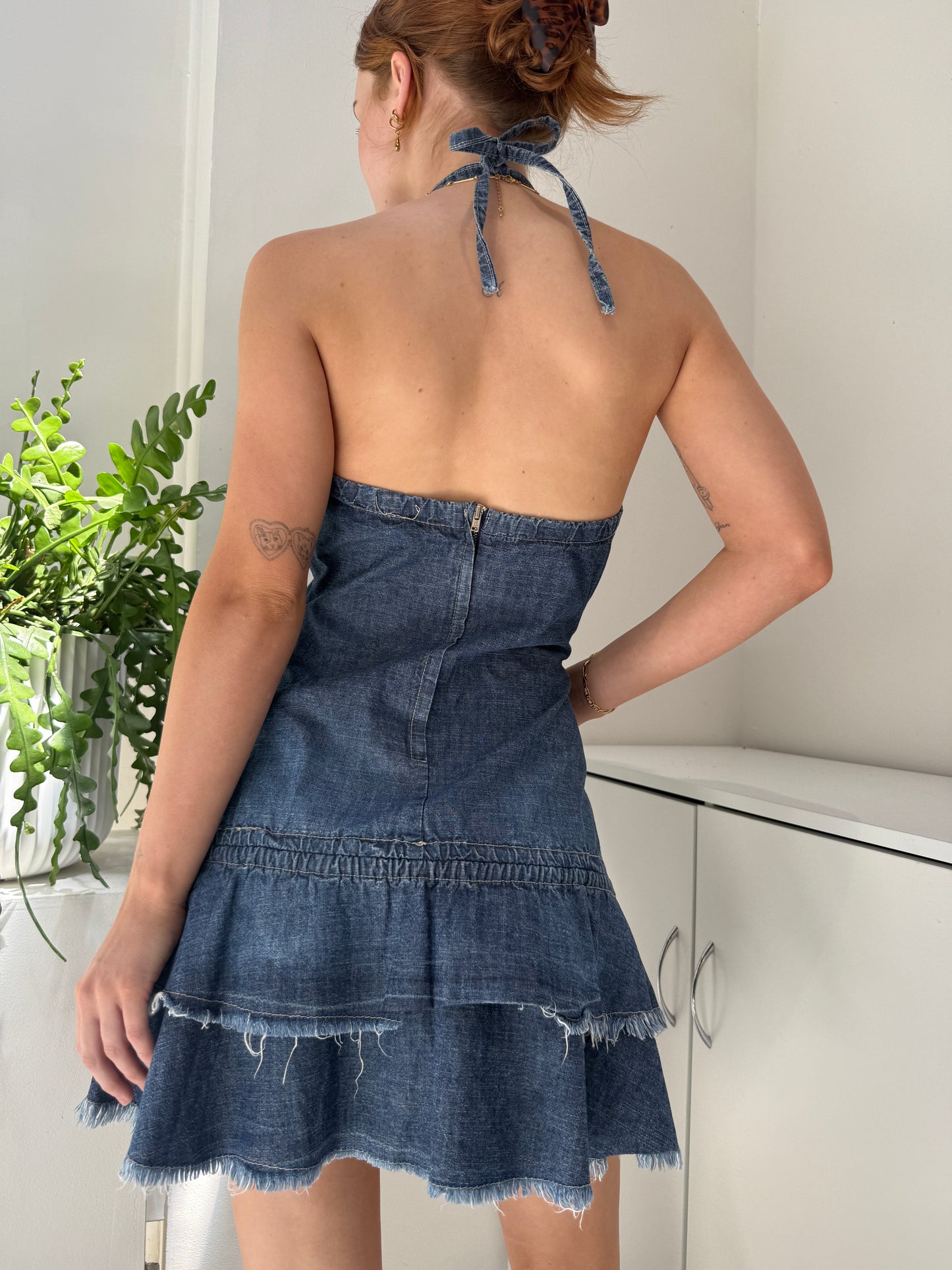 Denim Halter Neck Dress - Size Small