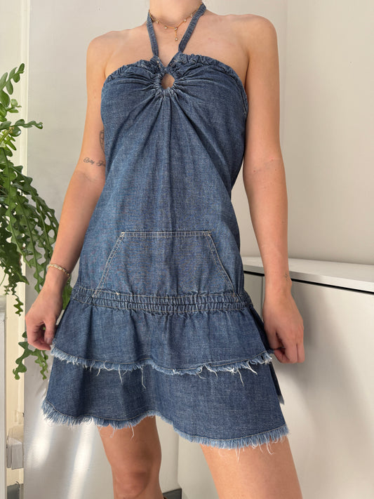 Denim Halter Neck Dress - Size Small