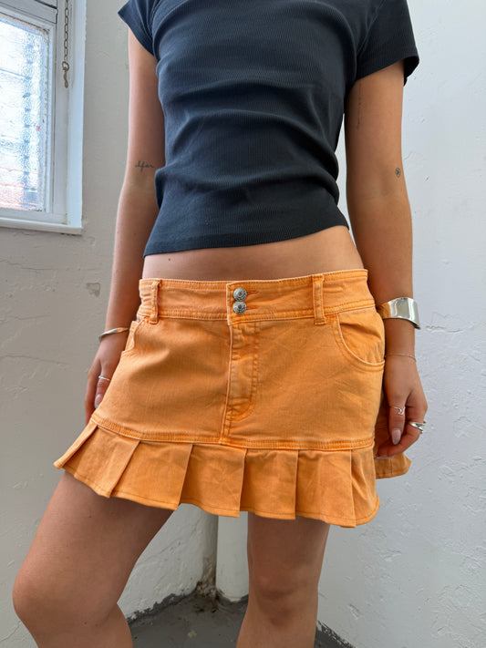 Orange Denim Pleated Mini Skirt - Size Medium/Large