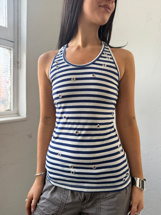 Blue White Striped Grommet Top - Size Small