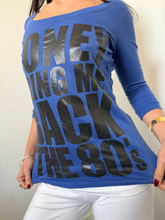 Blue Black 3/4 Length Graphic Top - Size Medium