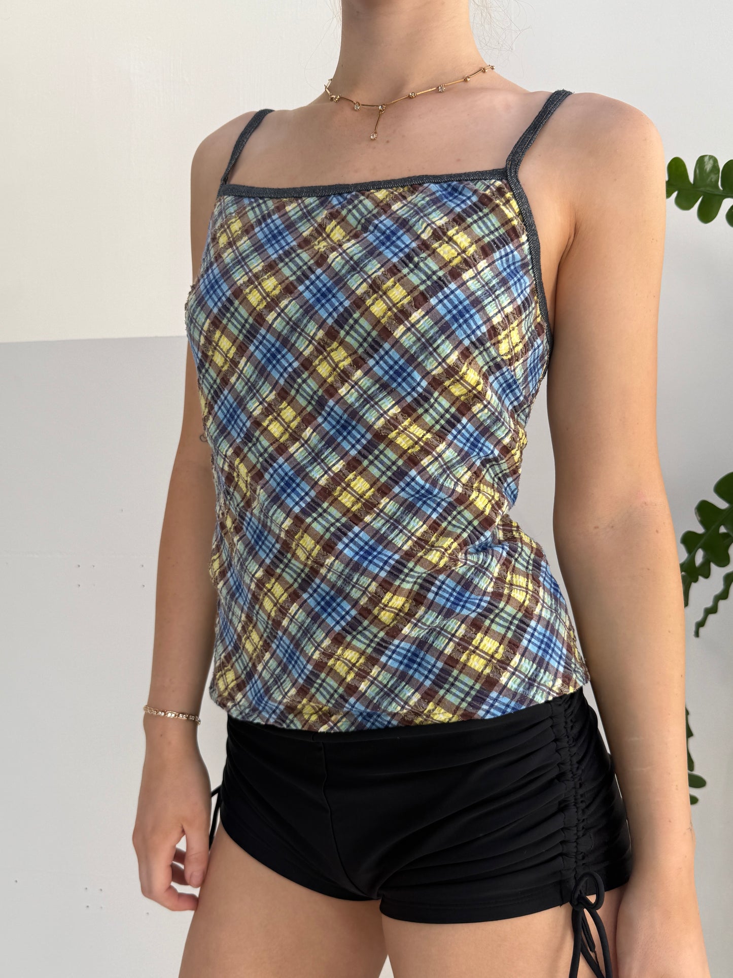 Gingham Blue Brown Yellow Swim Top - Size Medium