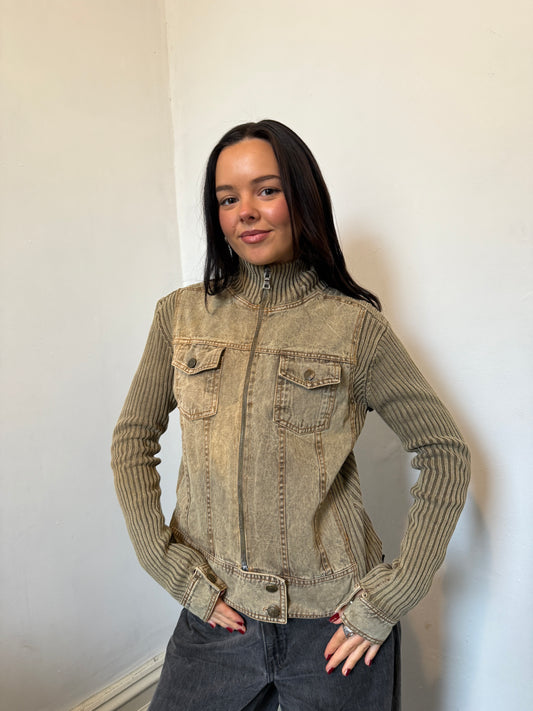 Khaki Wash Zip Up Ribbed Jacket - Size Small