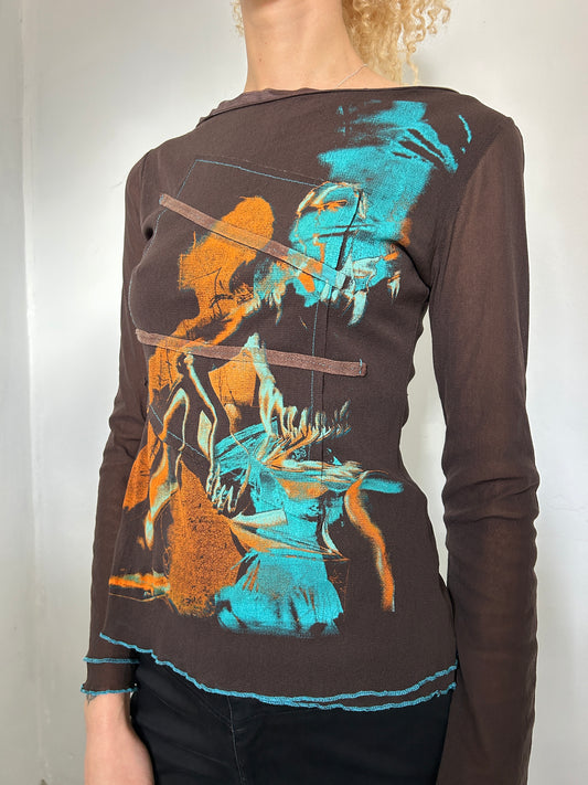 Brown Blue Orange Long Sleeve Top - Size Medium